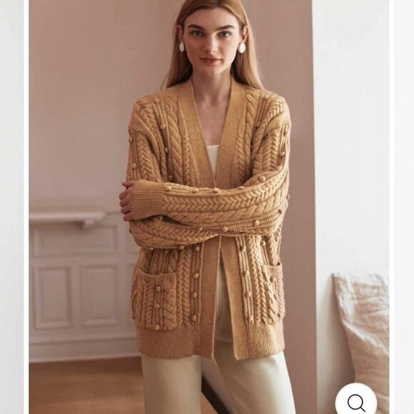 White + Warren Camel Brown Wool Blend Chunky Knit Cardigan Sweater Womens L - Picture 6 of 10